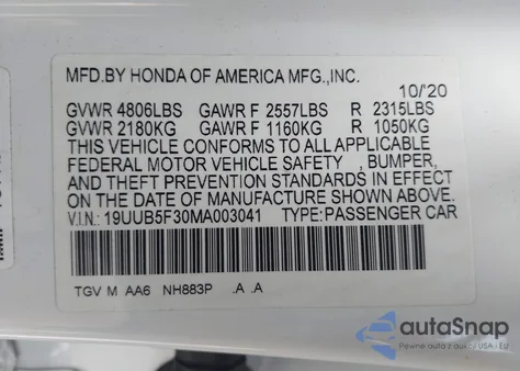 2021 Acura Tlx Standard from USA, damaged, VIN 19UUB5F30MA003041